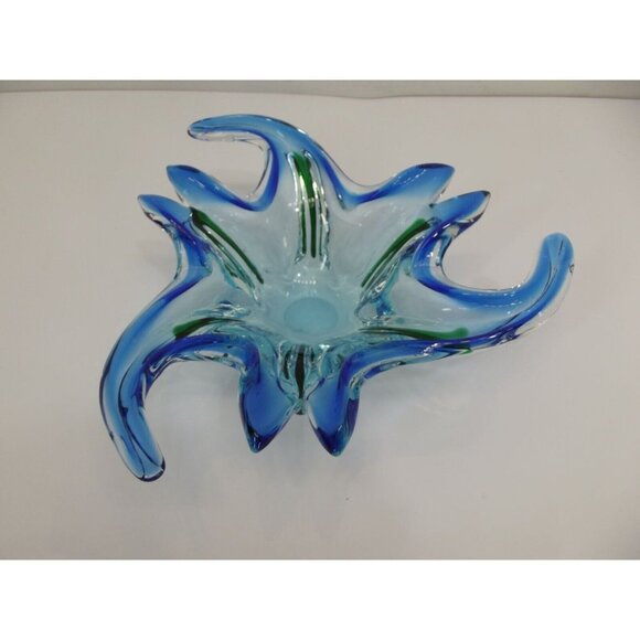 Hand-Blown Murano Art Glass Bowl - Blue & Green Wave Design Centerpiece 10" Star